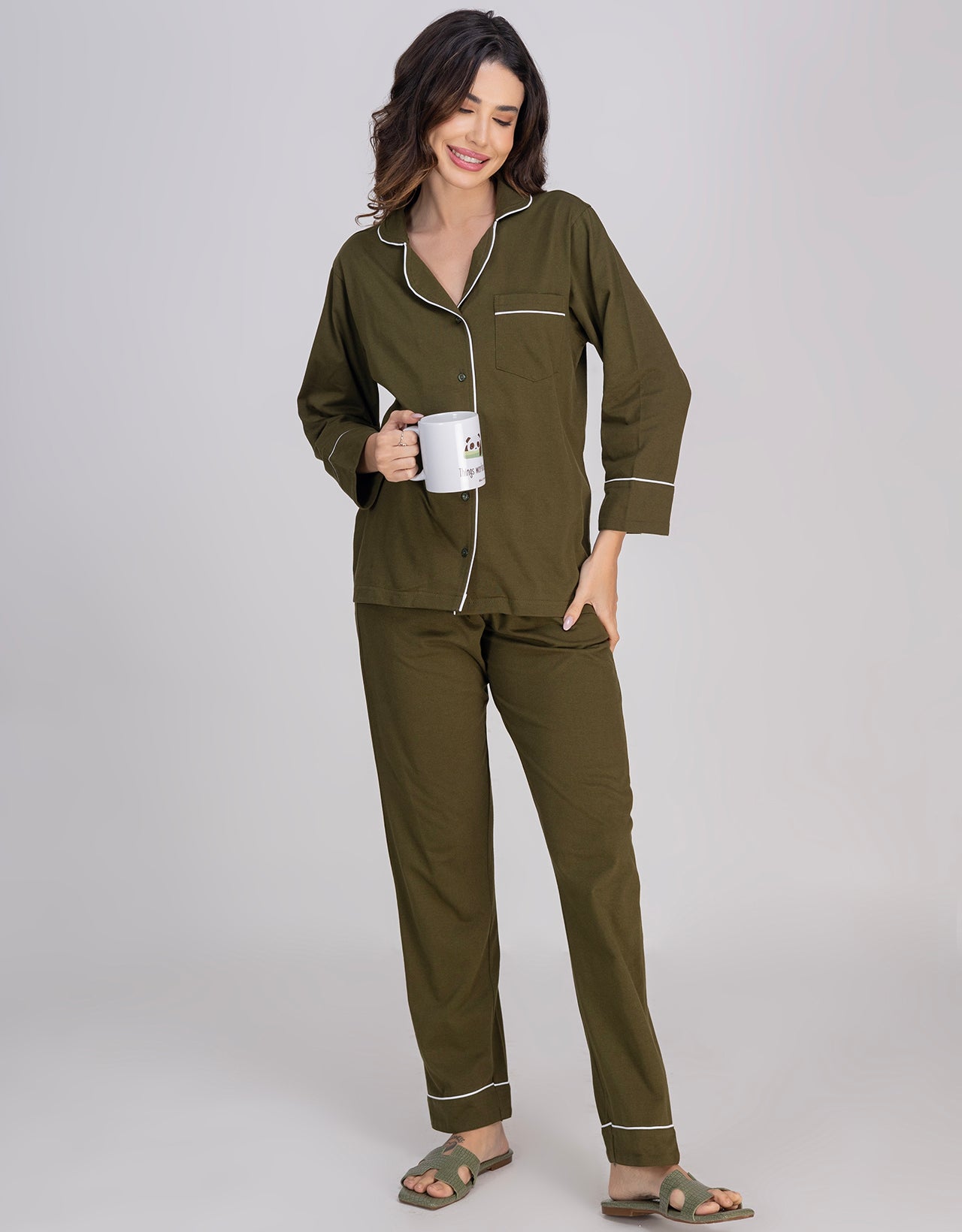 Moomaya Women's Cotton Jersey Button-Down Sleepwear Pajama Set