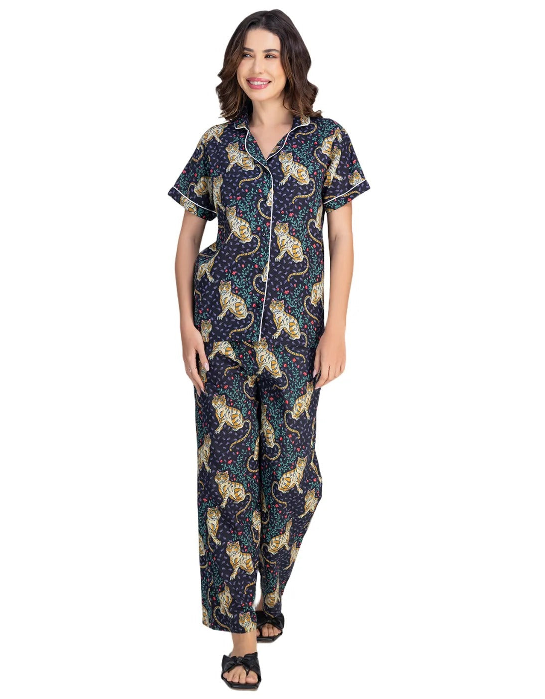 Moomaya Women's Cotton Printed Button-Down Night Short Sleeves Suit