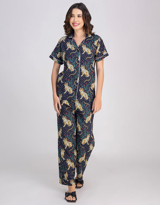 Moomaya Women's Cotton Printed Button-Down Night Short Sleeves Suit