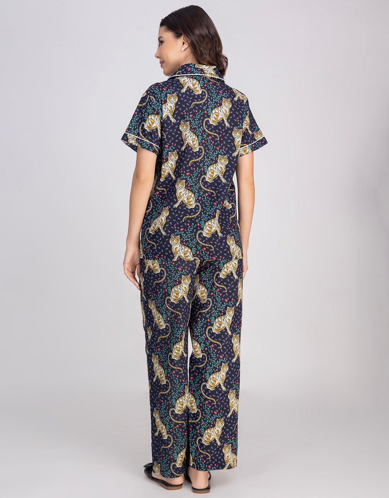 Moomaya Women's Cotton Printed Button-Down Night Short Sleeves Suit