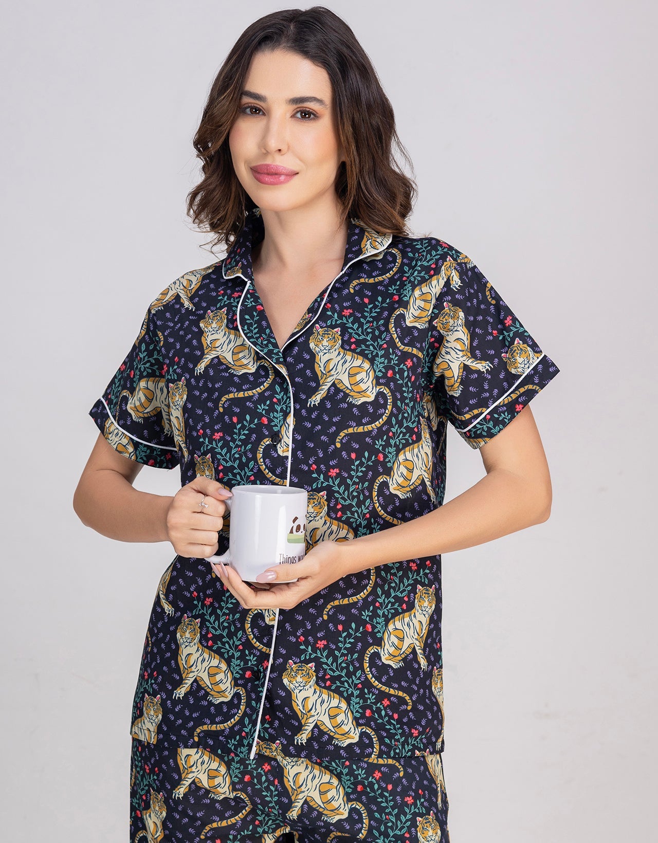 Moomaya Women's Cotton Printed Button-Down Night Short Sleeves Suit