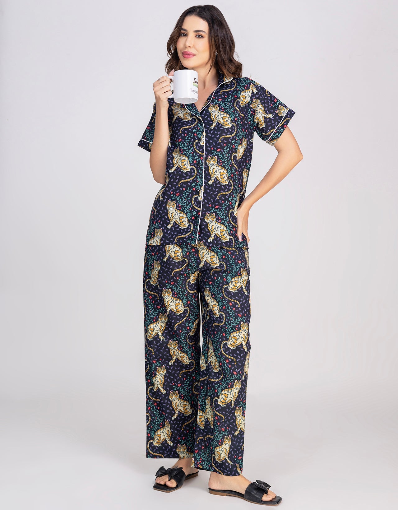 Moomaya Women's Cotton Printed Button-Down Night Short Sleeves Suit