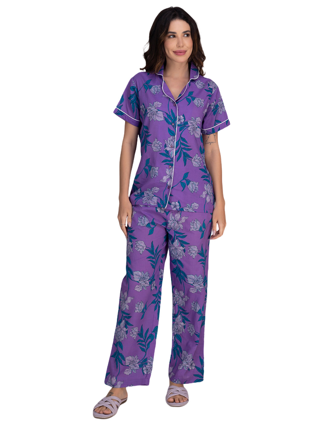 Moomaya Women's Cotton Printed Button-Down Night Short Sleeves Suit