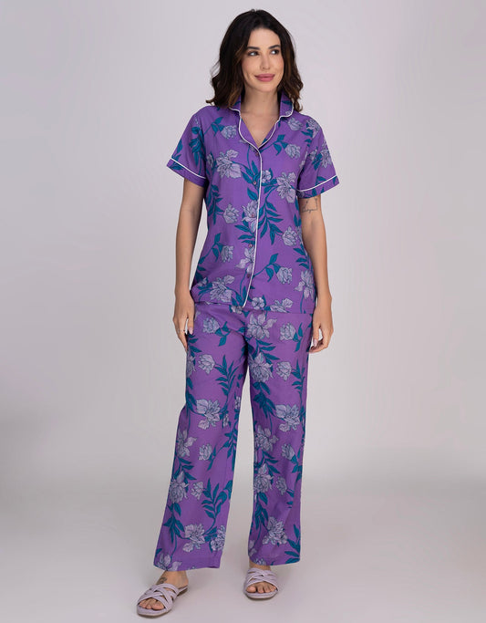Moomaya Women's Cotton Printed Button-Down Night Short Sleeves Suit