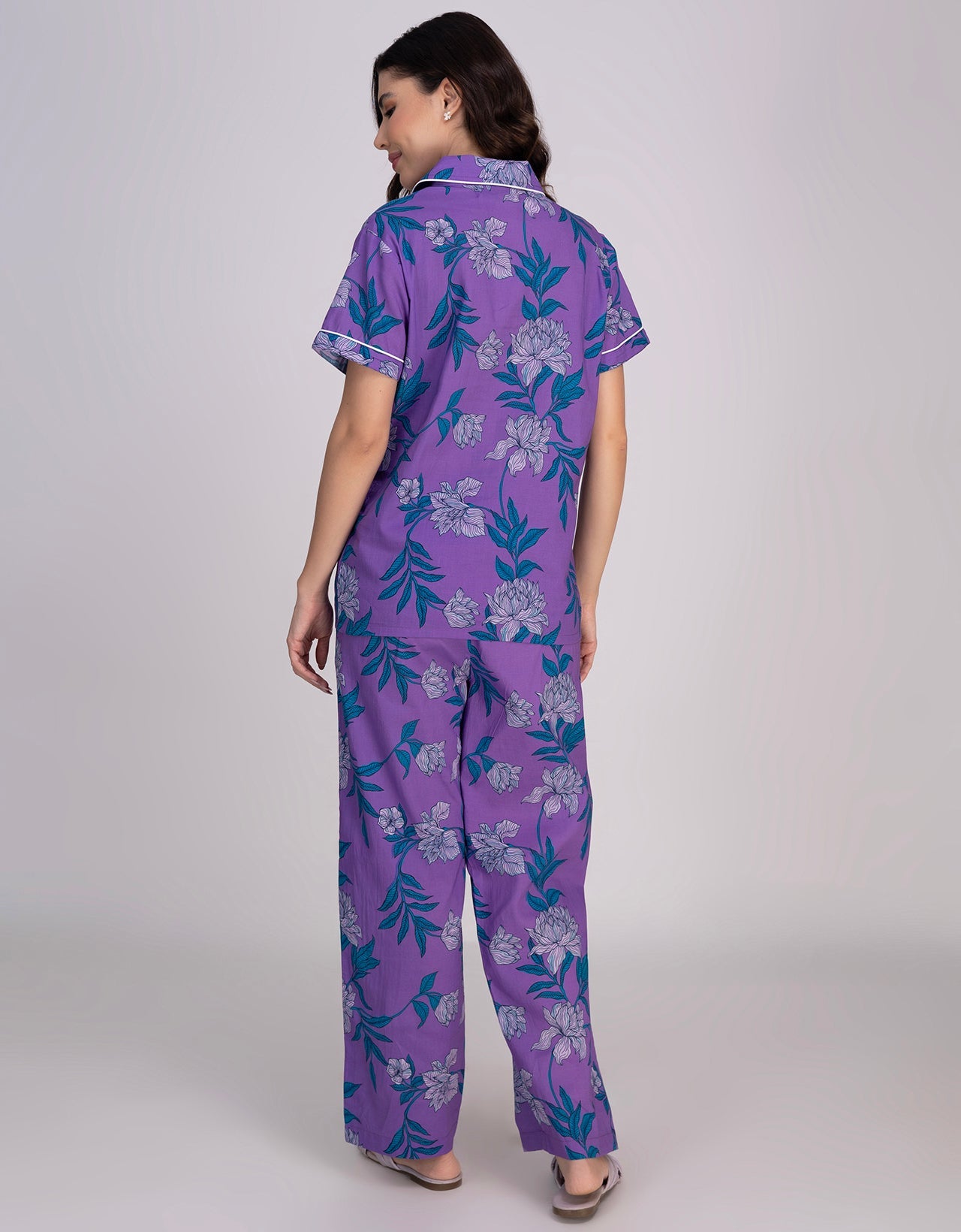 Moomaya Women's Cotton Printed Button-Down Night Short Sleeves Suit