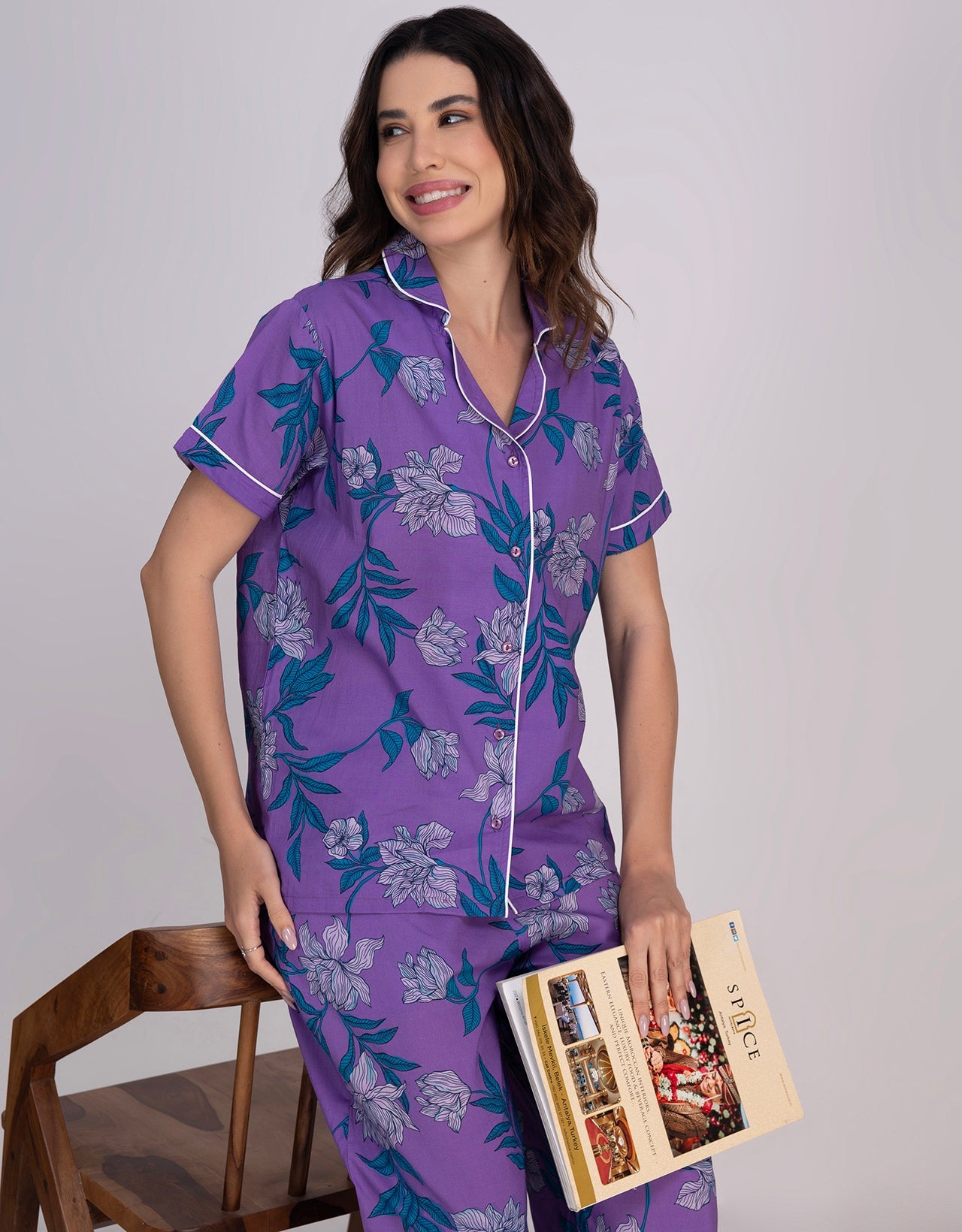 Moomaya Women's Cotton Printed Button-Down Night Short Sleeves Suit