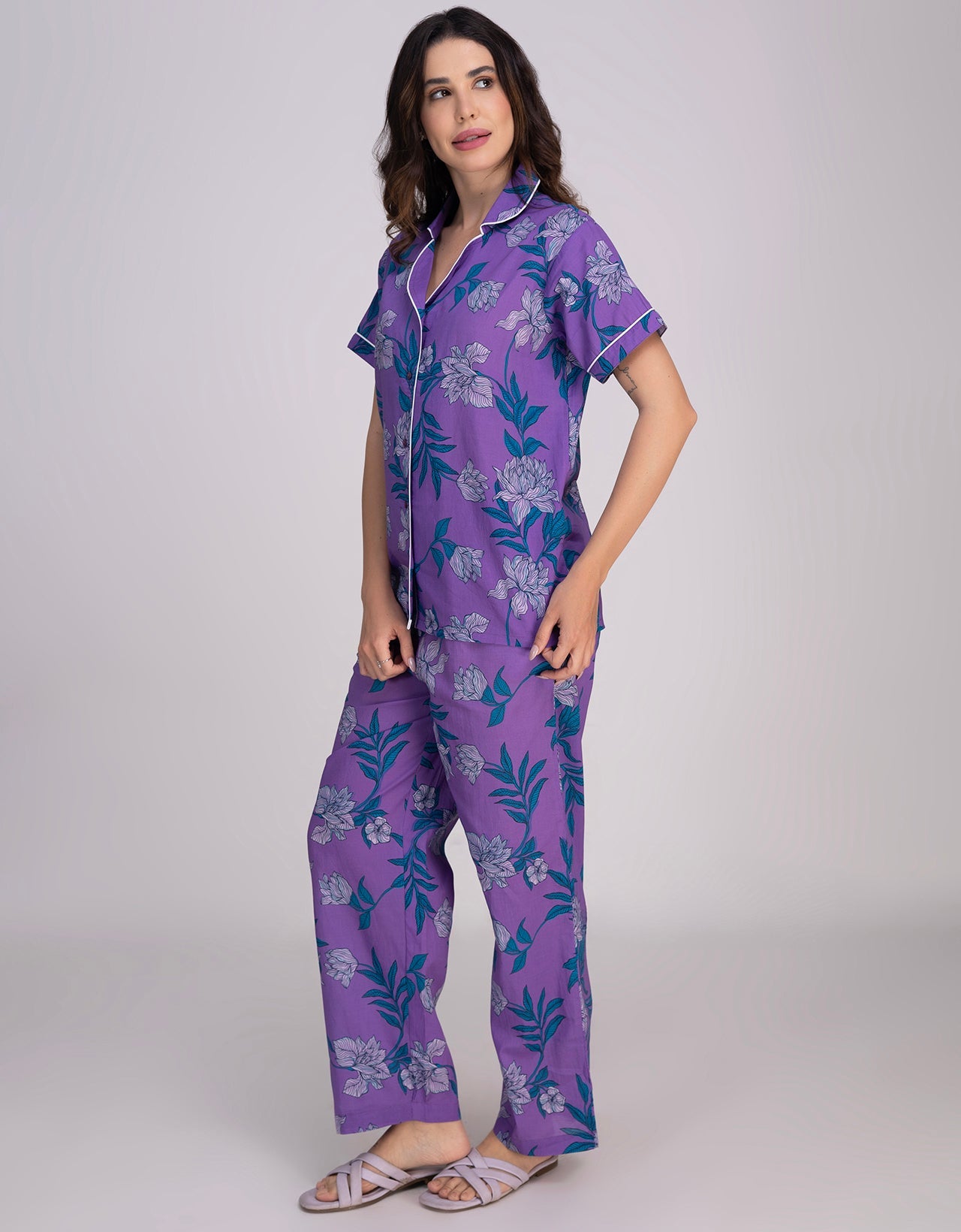 Moomaya Women's Cotton Printed Button-Down Night Short Sleeves Suit