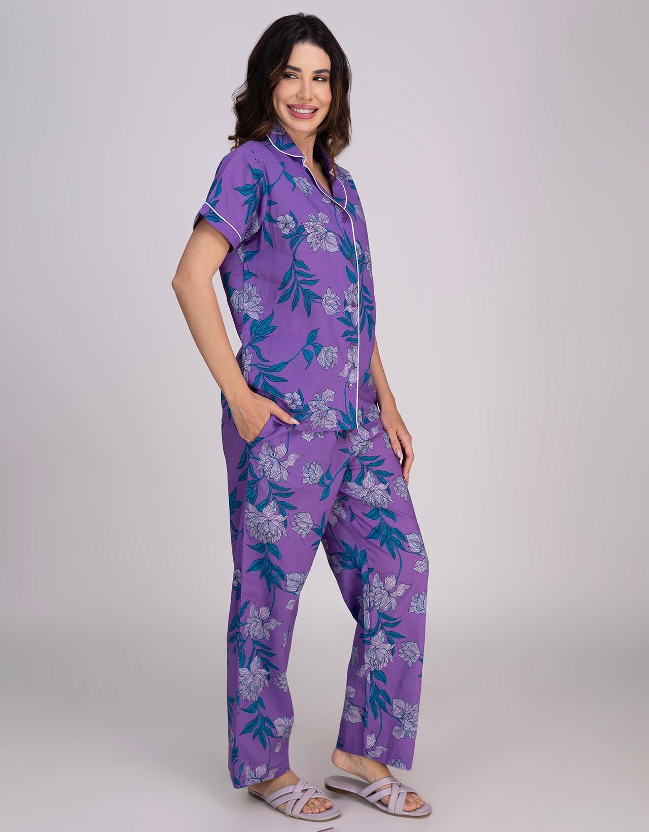 Moomaya Women's Cotton Printed Button-Down Night Short Sleeves Suit
