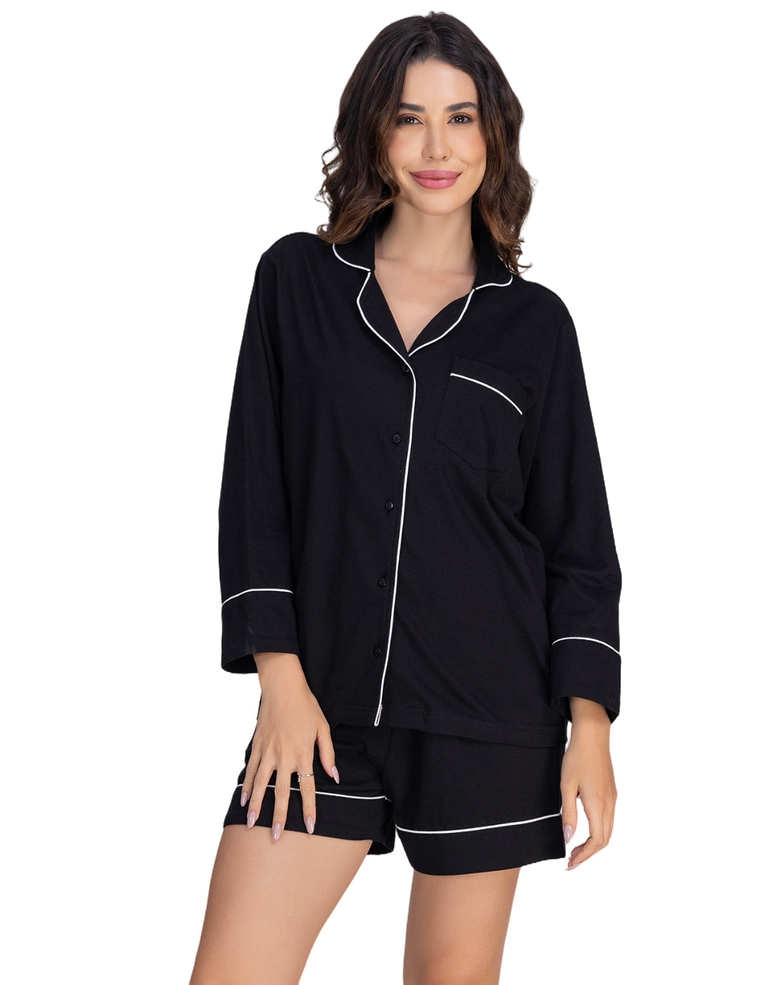Moomaya Women's Cotton Jersey Button-Down Shirt & Shorts Sleepwear Set