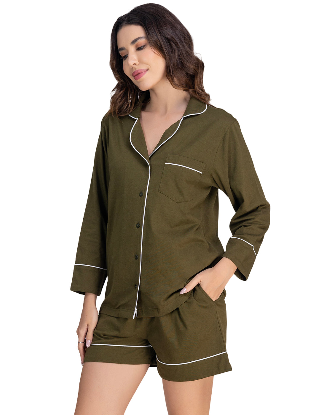 Moomaya Women's Cotton Jersey Button-Down Shirt & Shorts Sleepwear Set