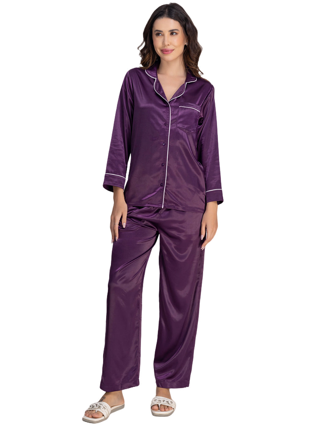 Moomaya Luxurious Poly Satin Pajama & Button-Down Shirt Sleepwear
