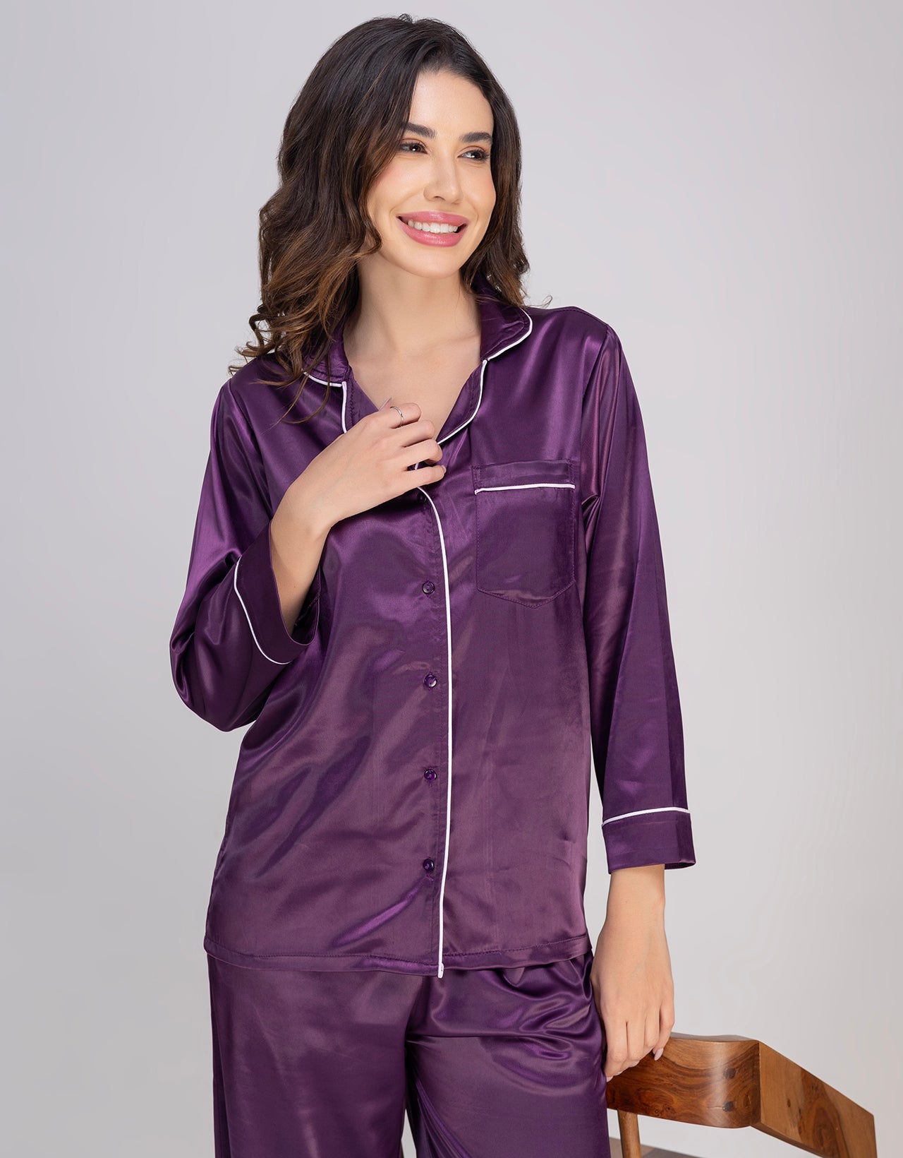 Moomaya Luxurious Poly Satin Pajama & Button-Down Shirt Sleepwear