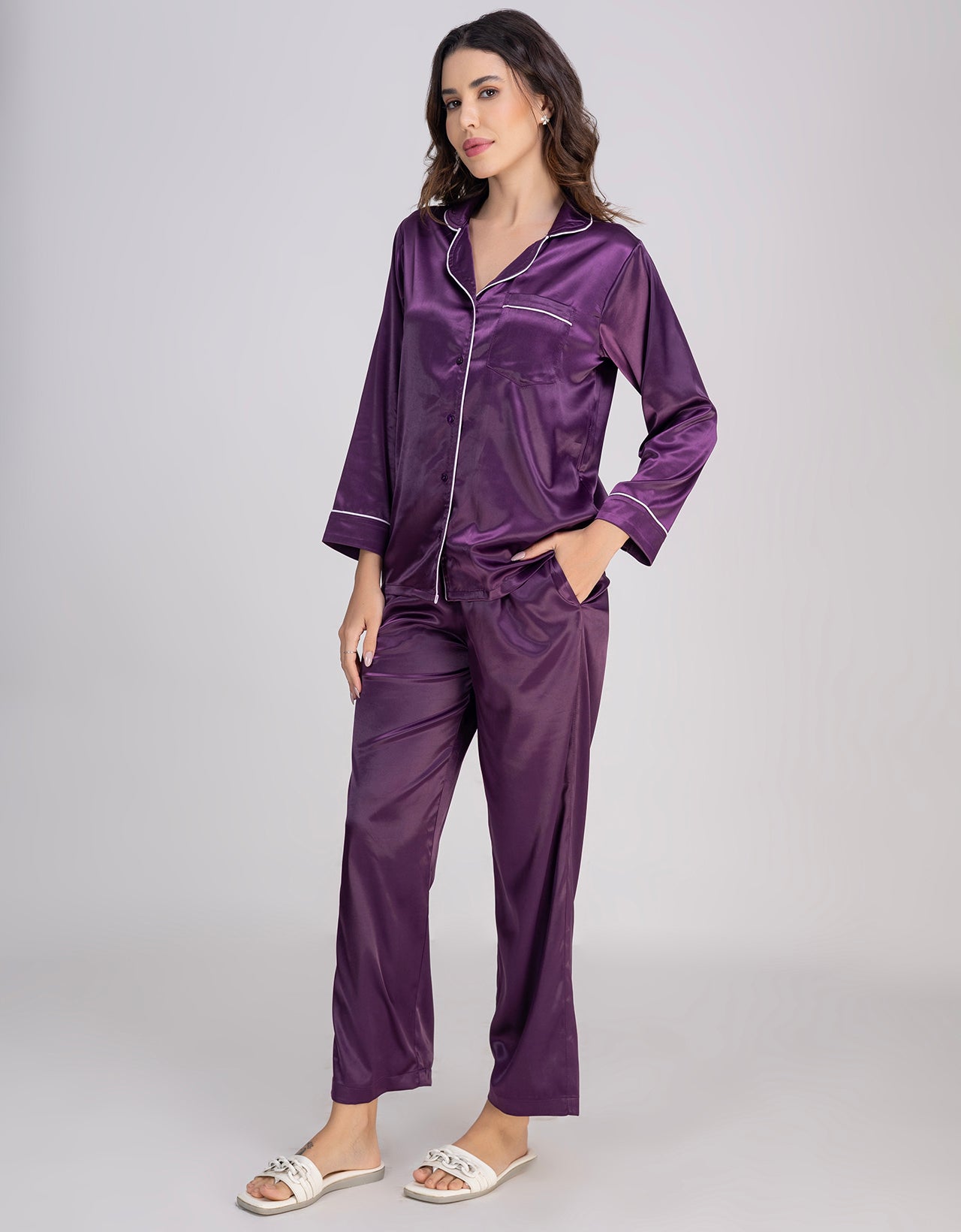 Moomaya Luxurious Poly Satin Pajama & Button-Down Shirt Sleepwear