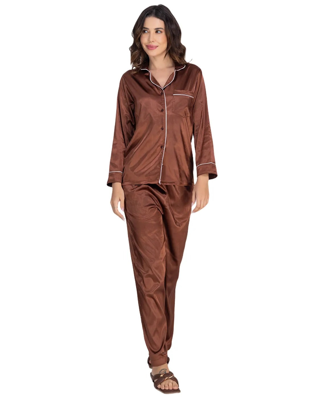 Moomaya Luxurious Poly Satin Pajama & Button-Down Shirt Sleepwear