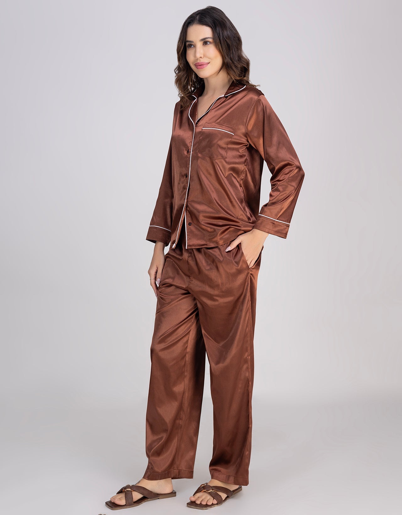 Moomaya Luxurious Poly Satin Pajama & Button-Down Shirt Sleepwear
