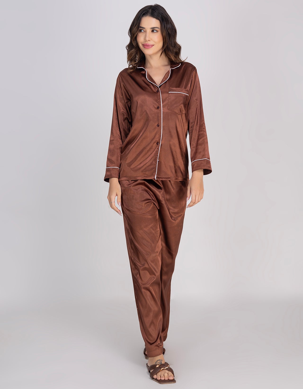 Moomaya Luxurious Poly Satin Pajama & Button-Down Shirt Sleepwear