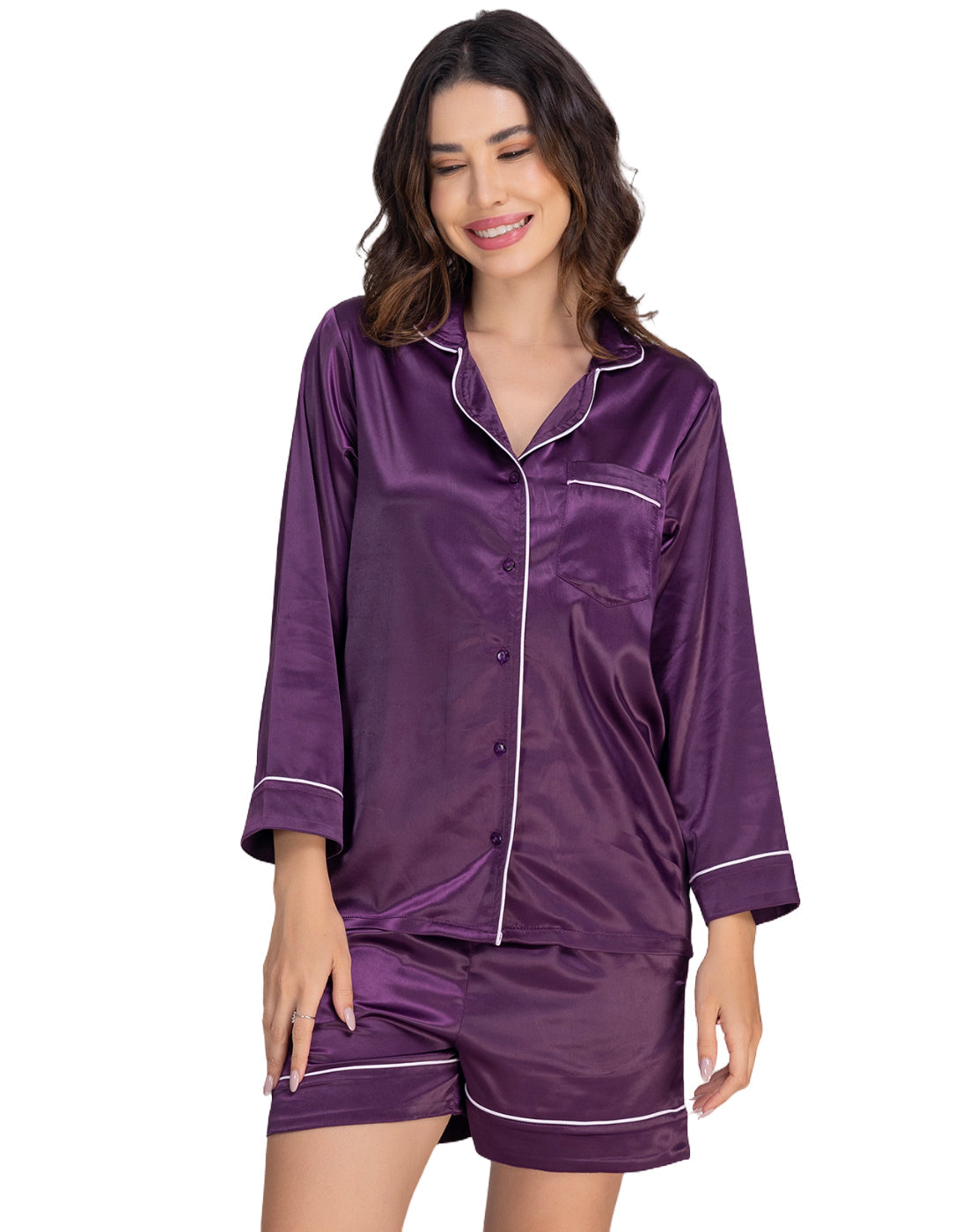 Moomaya Women's Satin Button-Down Shirt & Shorts Nightwear Set