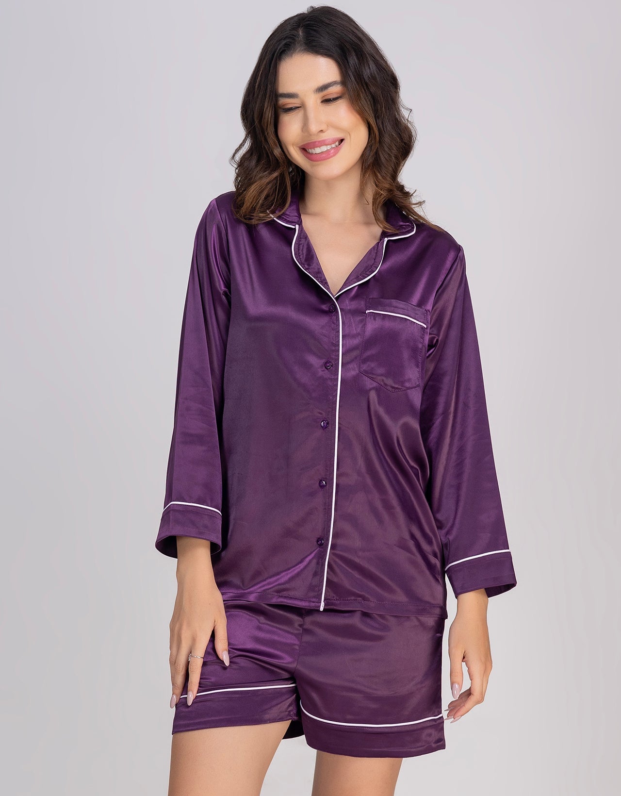 Moomaya Women's Satin Button-Down Shirt & Shorts Nightwear Set