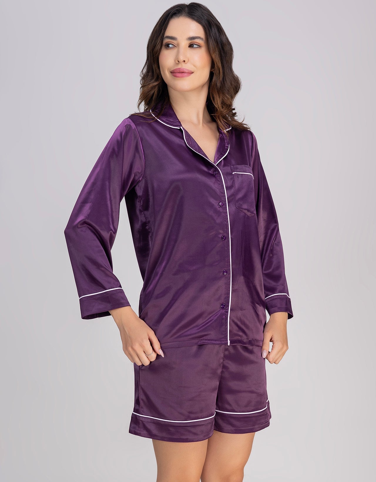 Moomaya Women's Satin Button-Down Shirt & Shorts Nightwear Set