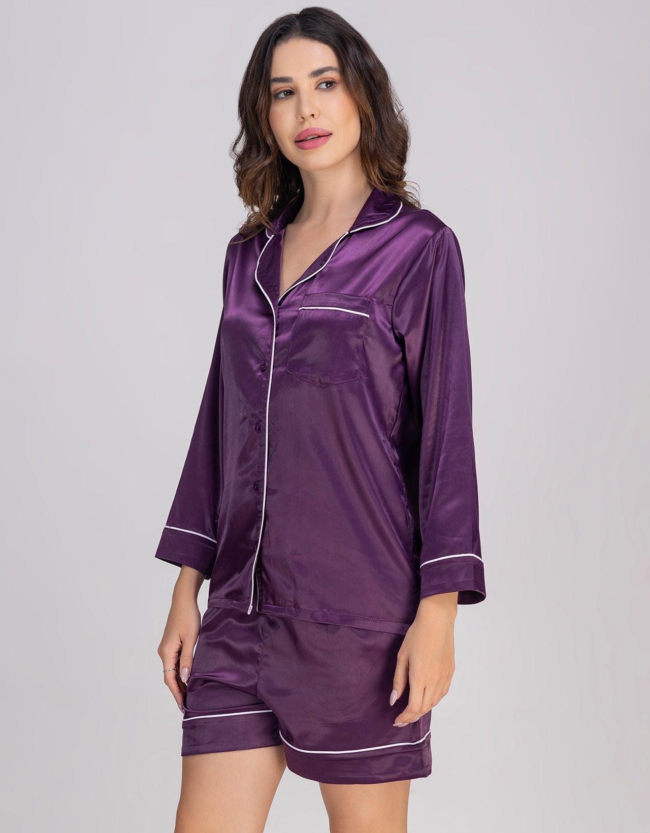 Moomaya Women's Satin Button-Down Shirt & Shorts Nightwear Set