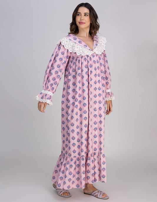 Moomaya Women's Button-Down Long Maxi Lounge Wear Sleepwear