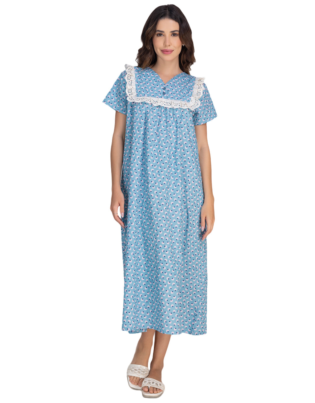 Moomaya Women's V-Neck Frill Lace Mid-Calf Cotton Nightdress