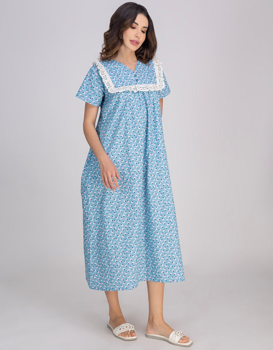 Moomaya Women's V-Neck Frill Lace Mid-Calf Cotton Nightdress
