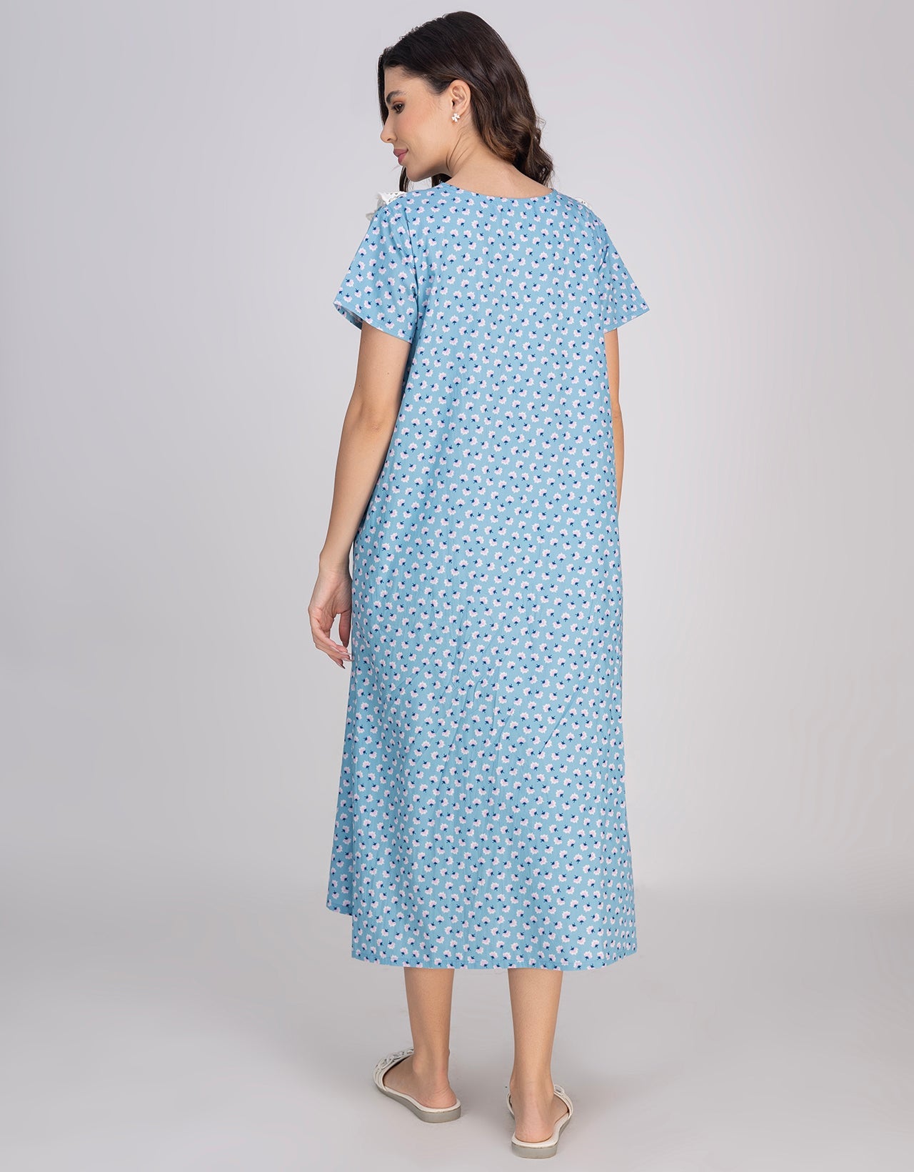 Moomaya Women's V-Neck Frill Lace Mid-Calf Cotton Nightdress
