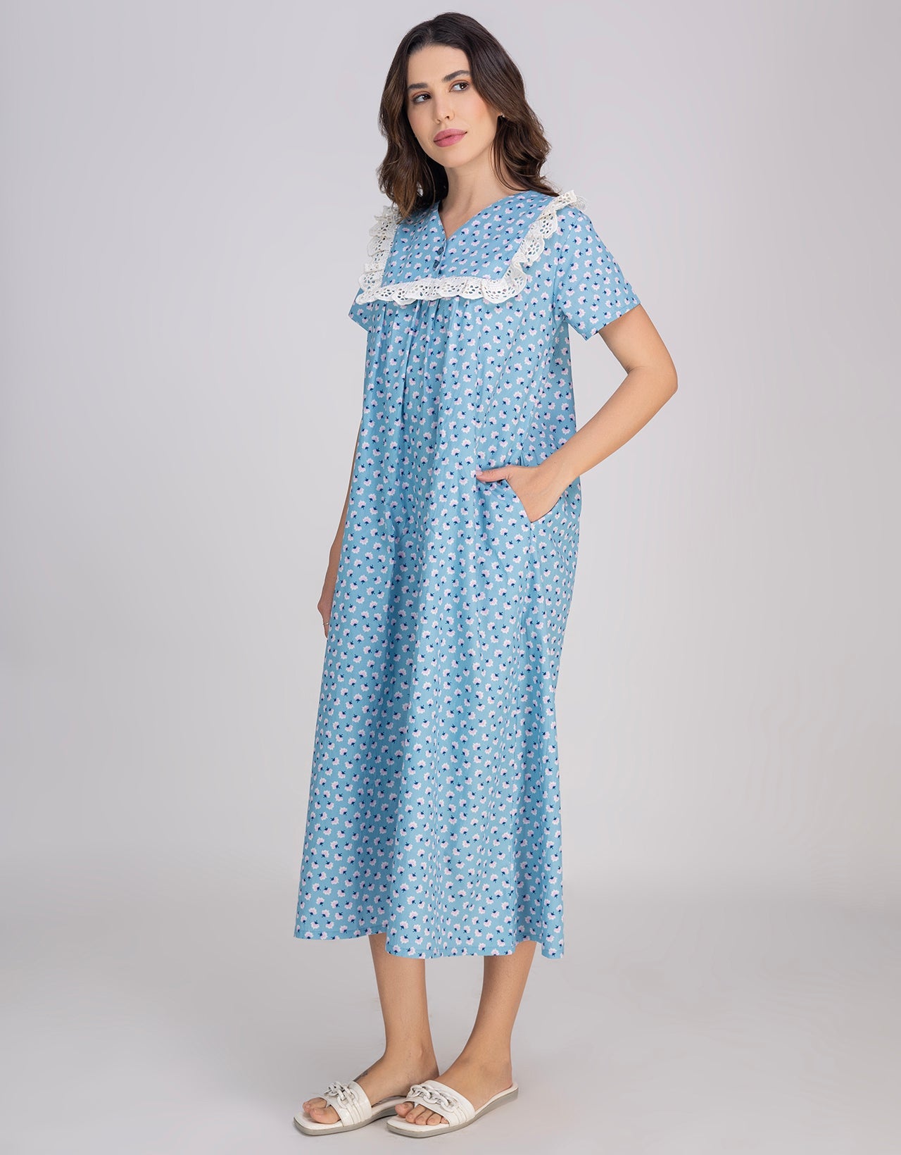Moomaya Women's V-Neck Frill Lace Mid-Calf Cotton Nightdress