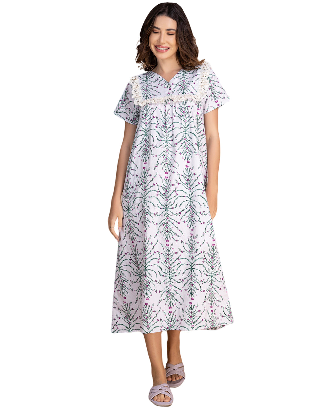 Moomaya Women's V-Neck Frill Lace Mid-Calf Cotton Nightdress