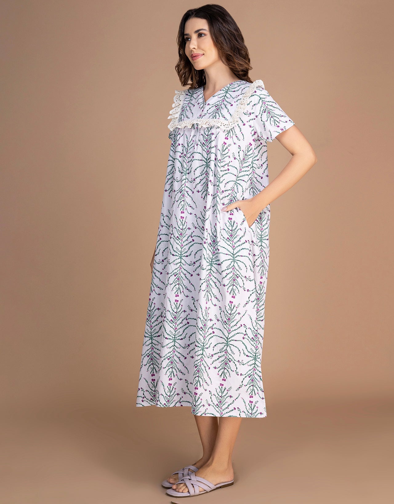 Moomaya Women's V-Neck Frill Lace Mid-Calf Cotton Nightdress