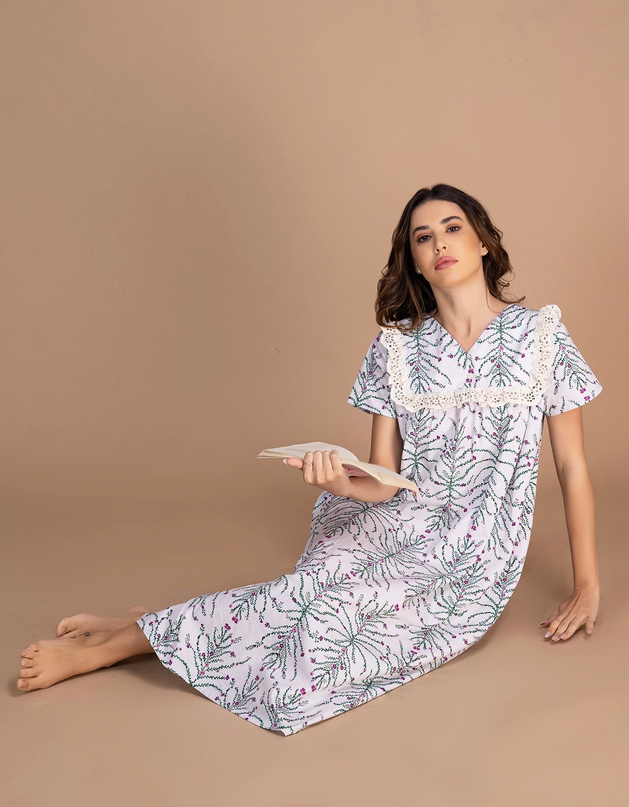 Moomaya Women's V-Neck Frill Lace Mid-Calf Cotton Nightdress