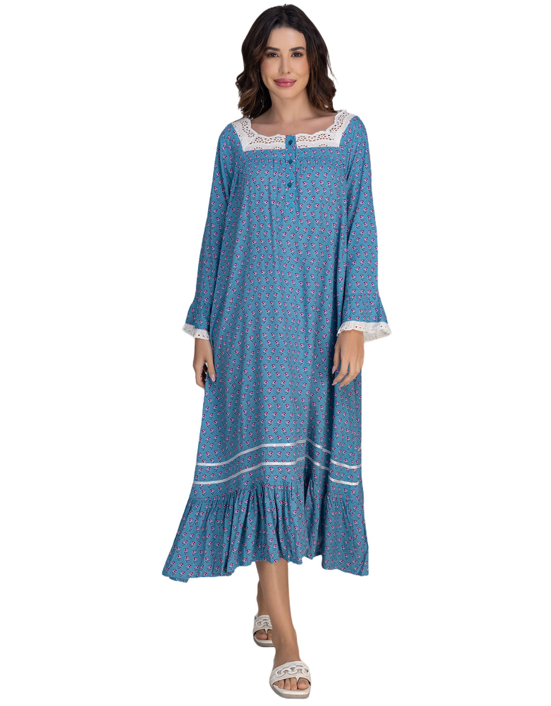 Moomaya Women's Rayon Printed Mid-Calf Nightdress With Lace & Frills