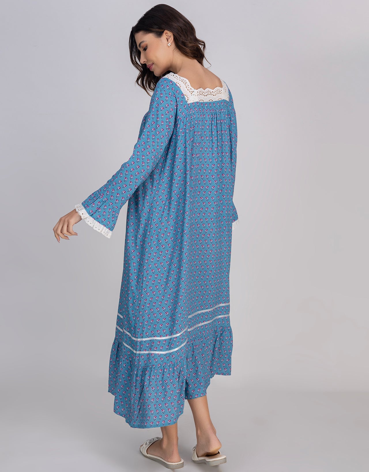 Moomaya Women's Rayon Printed Mid-Calf Nightdress With Lace & Frills