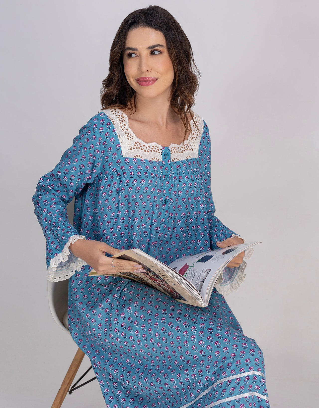 Moomaya Women's Rayon Printed Mid-Calf Nightdress With Lace & Frills
