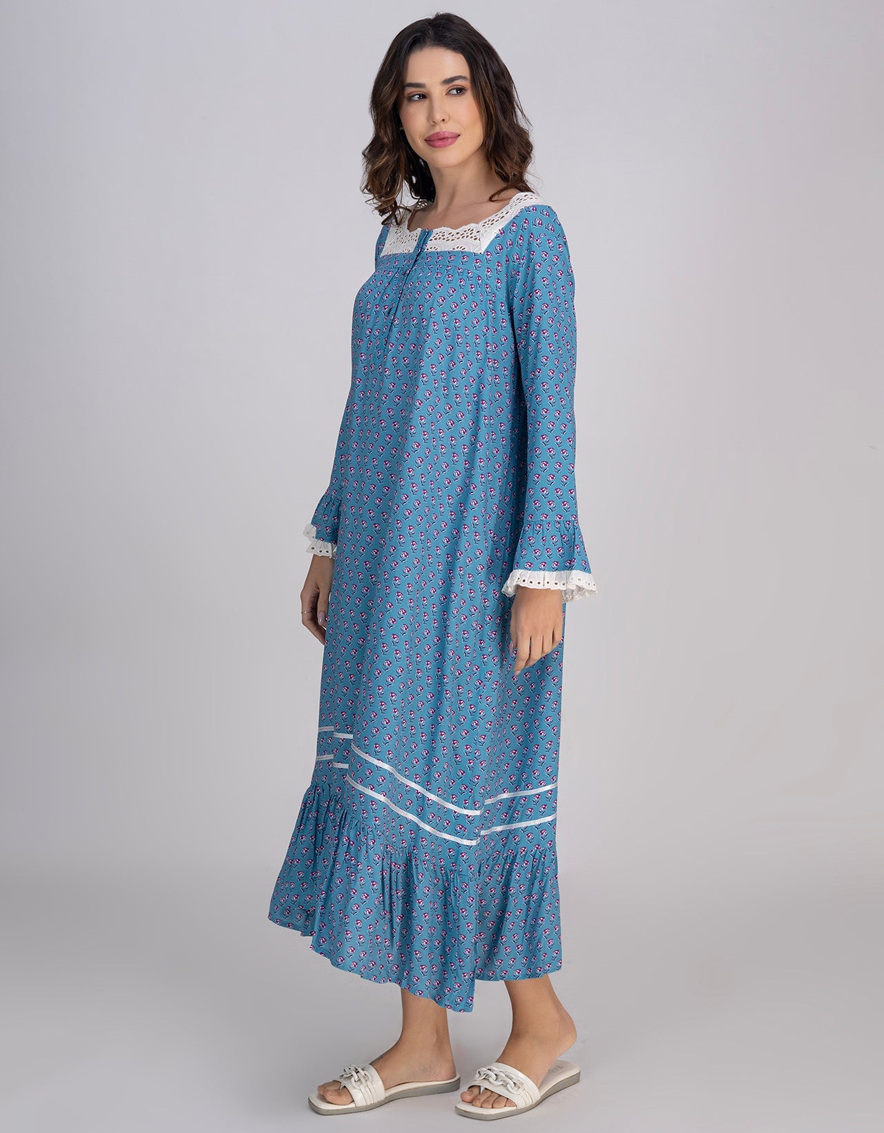 Moomaya Women's Rayon Printed Mid-Calf Nightdress With Lace & Frills