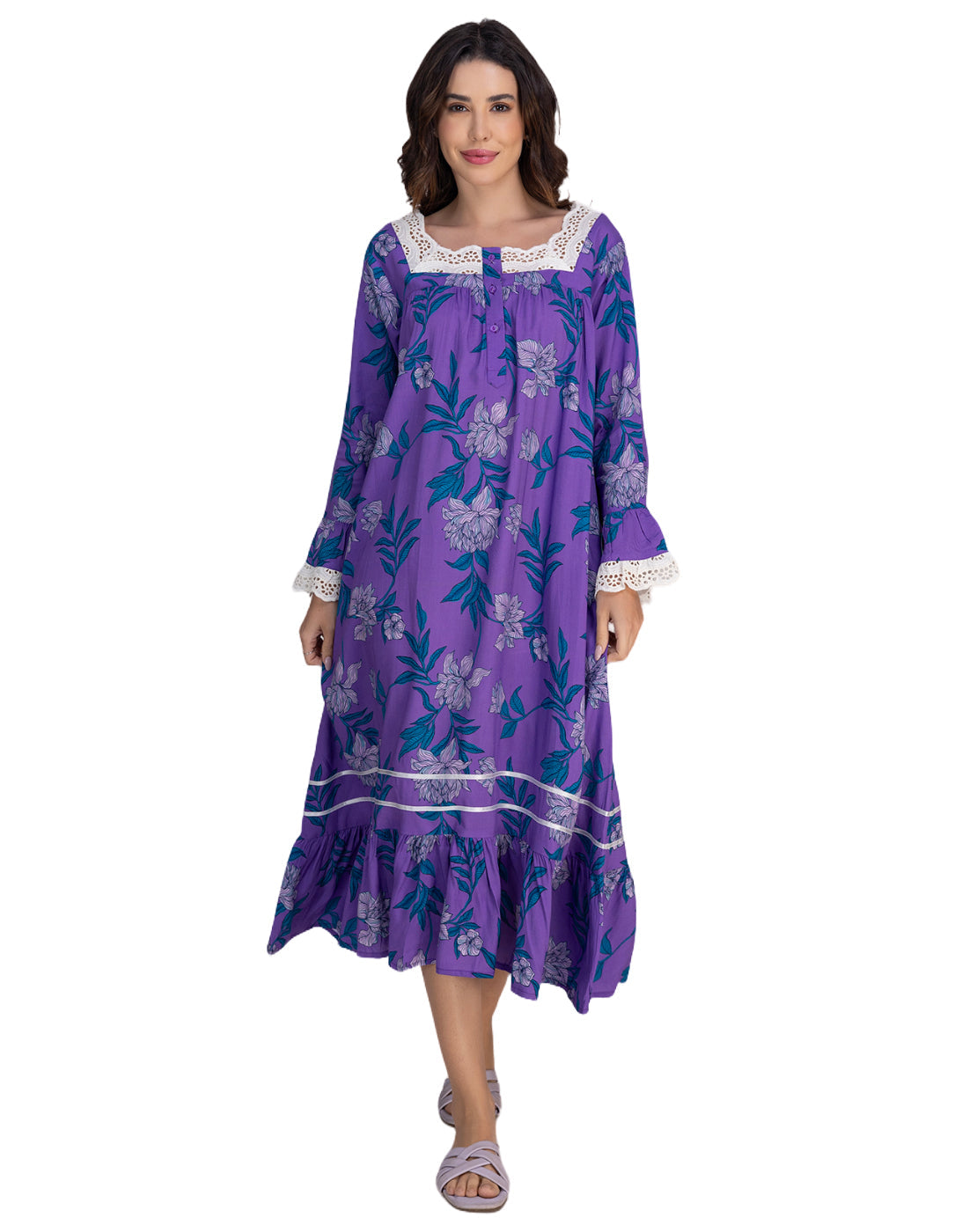Moomaya Women's Rayon Printed Mid-Calf Nightdress With Lace & Frills