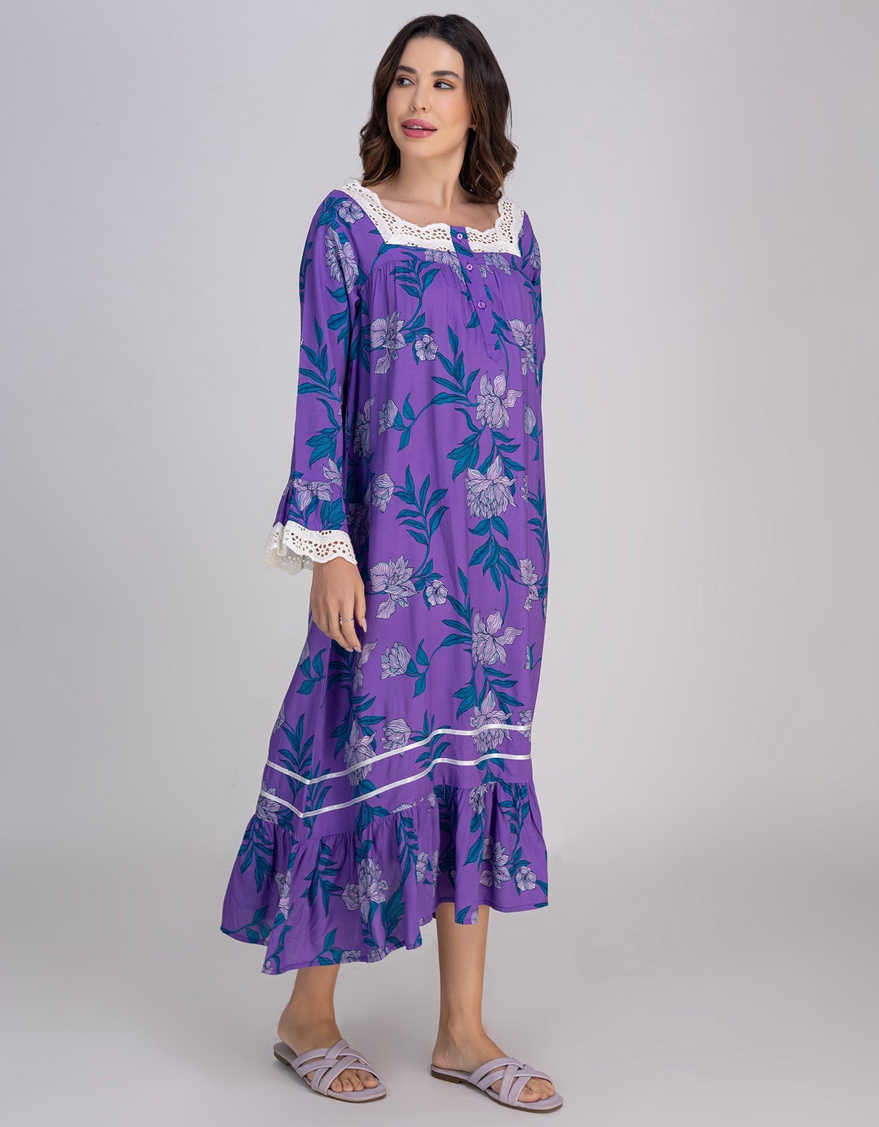 Moomaya Women's Rayon Printed Mid-Calf Nightdress With Lace & Frills