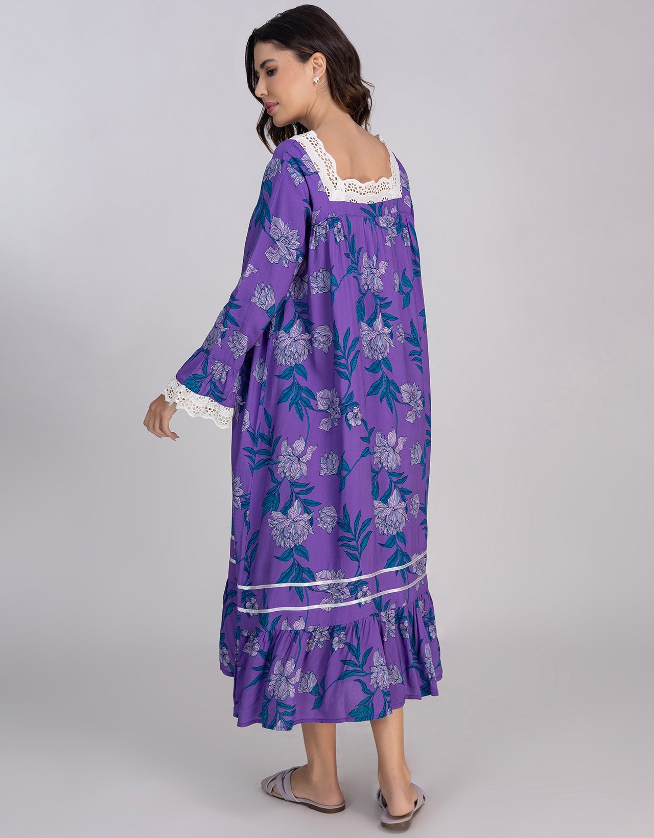 Moomaya Women's Rayon Printed Mid-Calf Nightdress With Lace & Frills