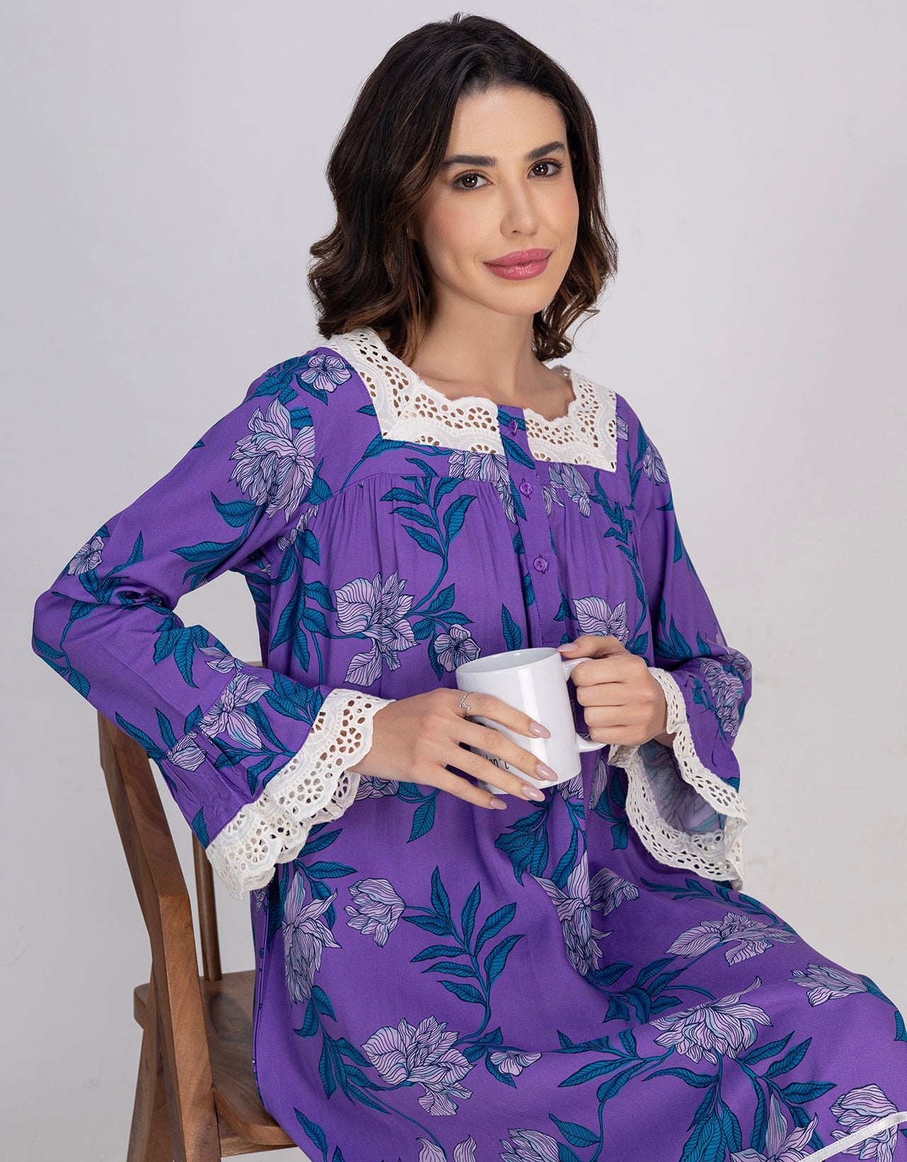 Moomaya Women's Rayon Printed Mid-Calf Nightdress With Lace & Frills