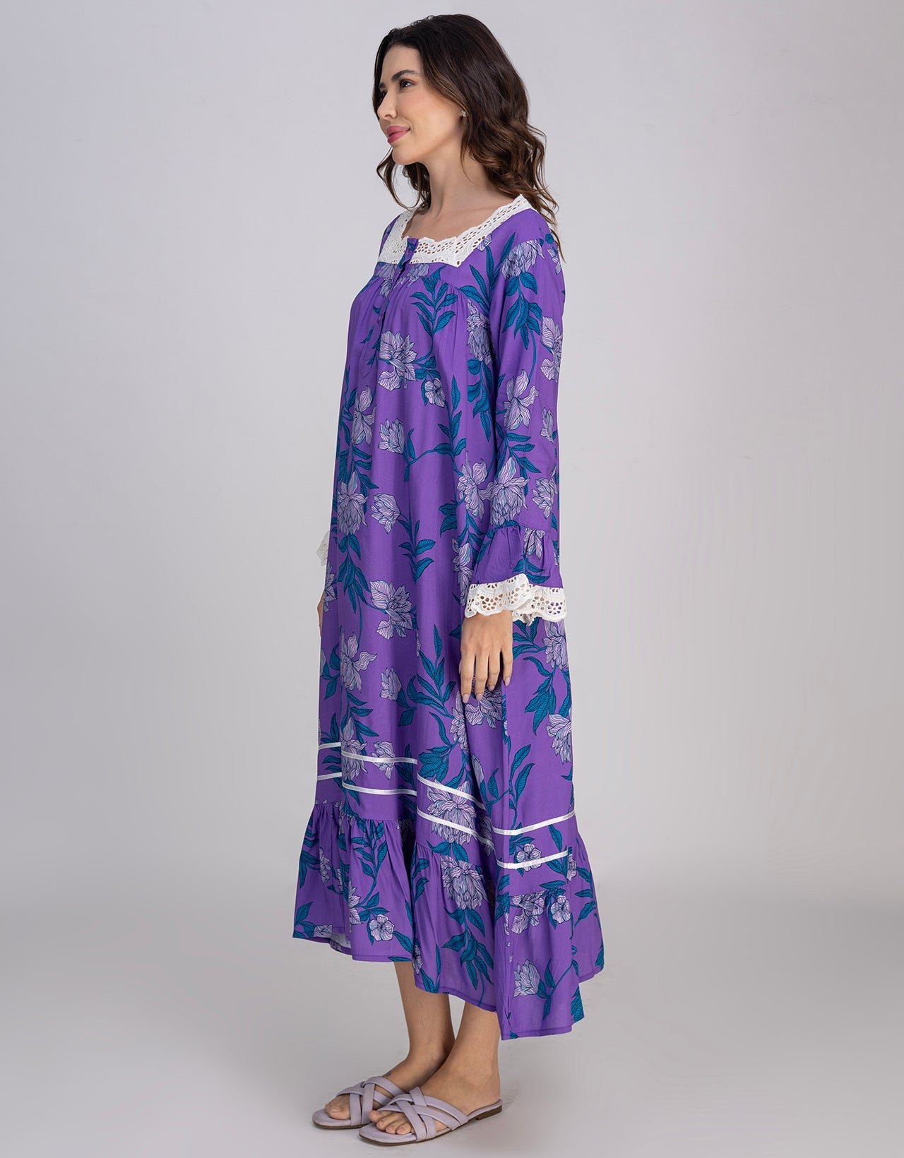 Moomaya Women's Rayon Printed Mid-Calf Nightdress With Lace & Frills