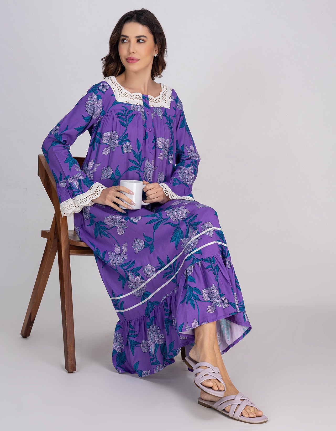 Moomaya Women's Rayon Printed Mid-Calf Nightdress With Lace & Frills