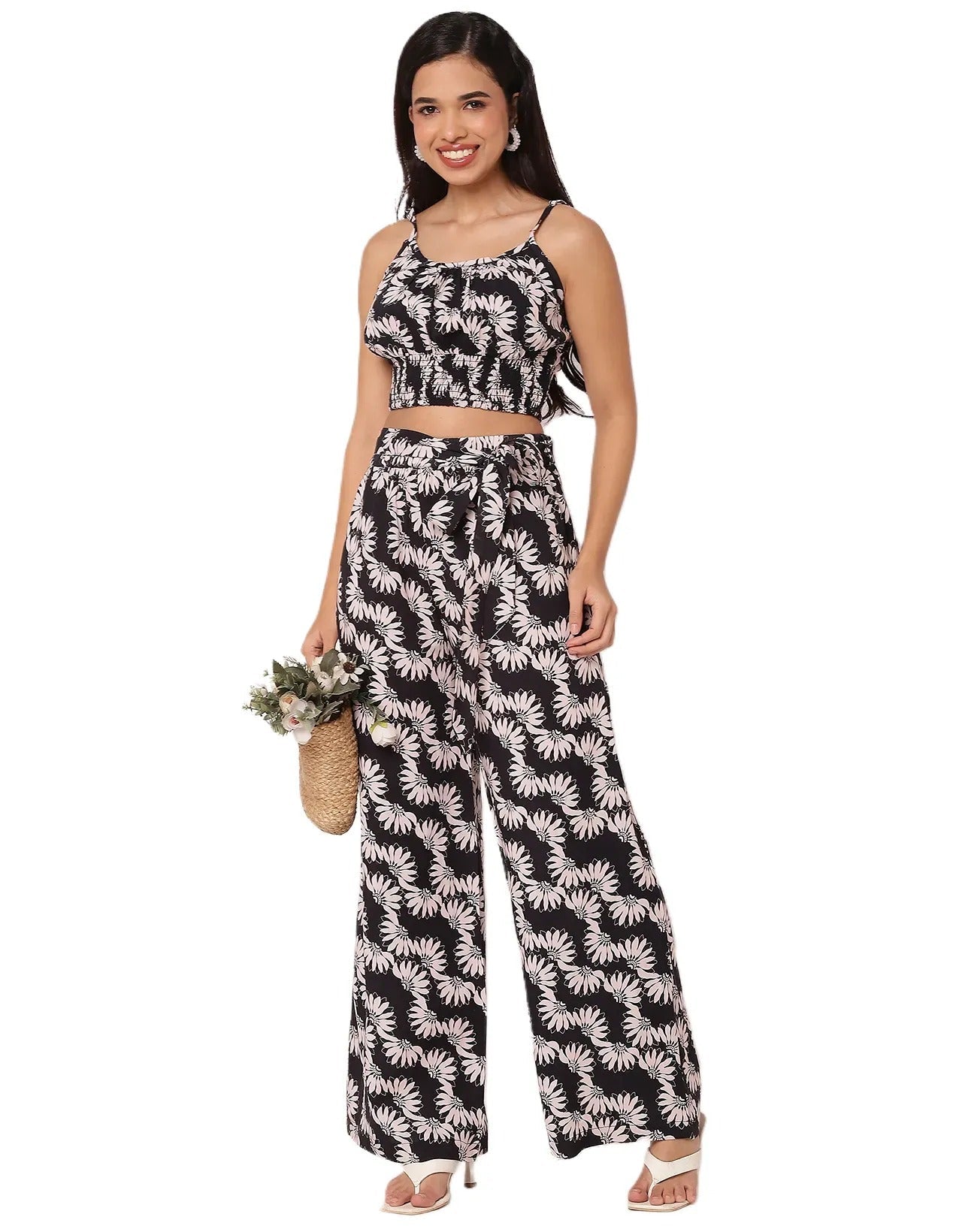 Printed  2 Pcs Co-ord Set Crop Top With Palazzo