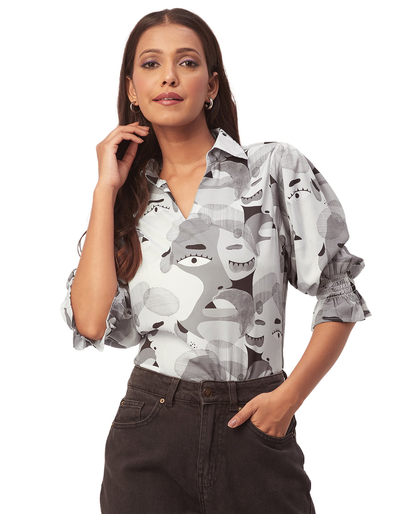 Printed Collared Tunic, Grey