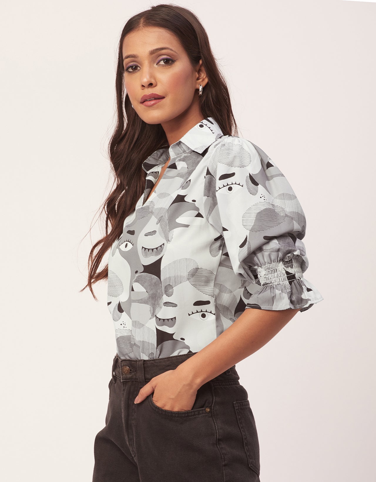 Printed Collared Tunic, Grey