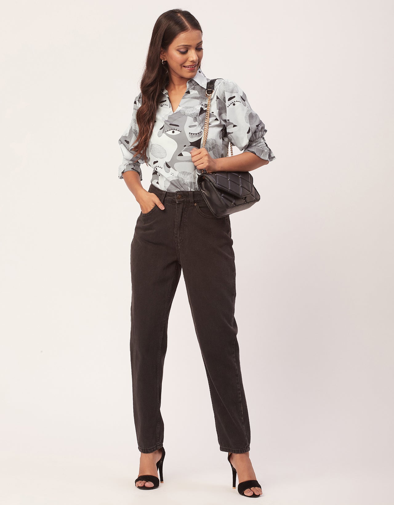 Printed Collared Tunic, Grey