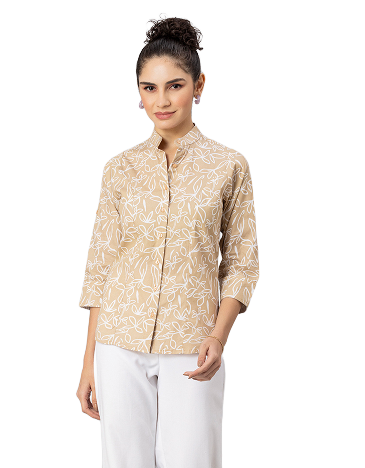 Printed Cotton Shirt, Mandarin Collar