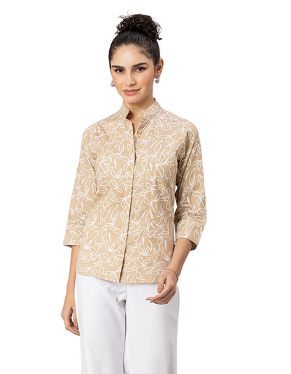 Printed Cotton Shirt, Mandarin Collar