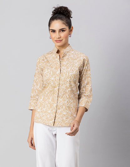 Printed Cotton Shirt, Mandarin Collar