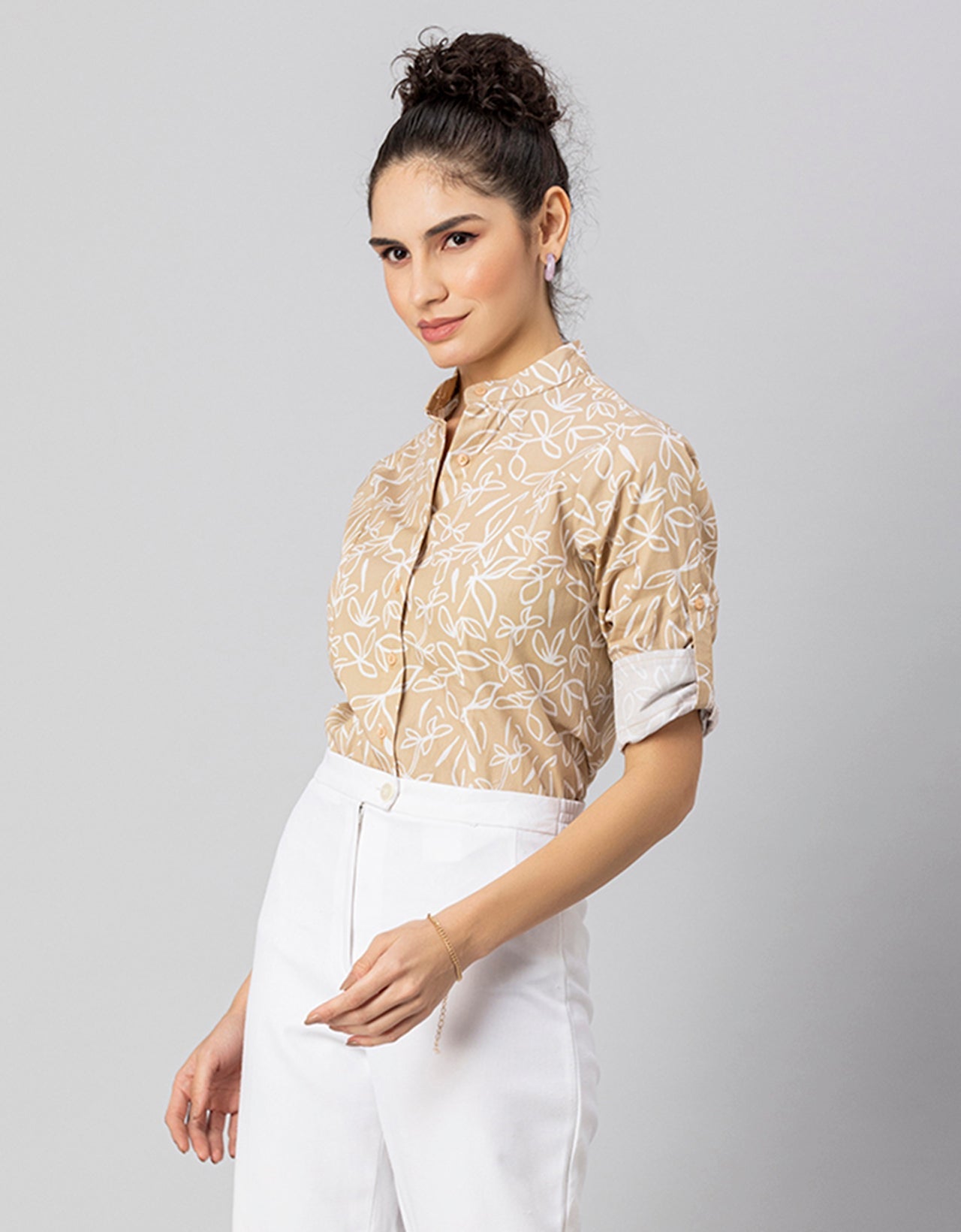 Printed Cotton Shirt, Mandarin Collar